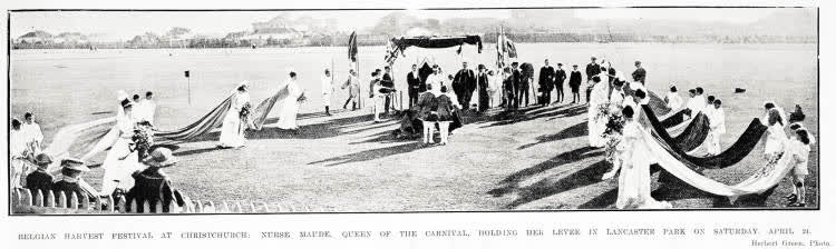 Belgian harvest festival at Christchurch: Nurse Maude, Queen of the Carnival, holding her levee in Lancaster park on Saturday, April 24, 1915