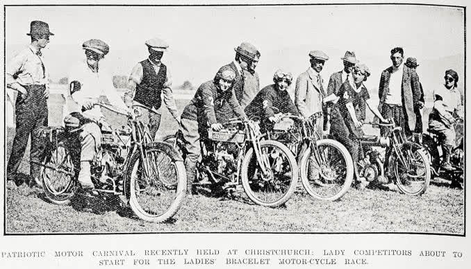 Patriotic motor carnival recently held at Christchurch: lady competitors about to start for the ladies' bracelet motor-cycle race, 1916