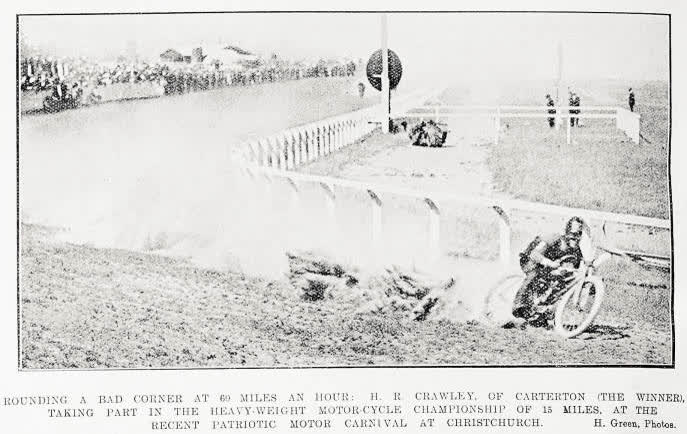 Rounding a bad corner at 60 miles an hour: H. R. Crawley, of Carterton, 1916