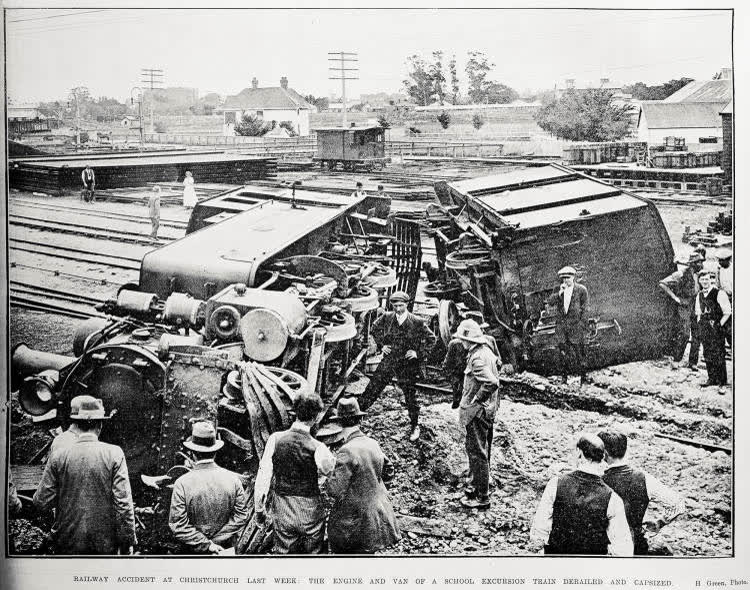 Railway accident at Christchurch last week: the engine and van of a school excursion train derailed and capsized, 1916