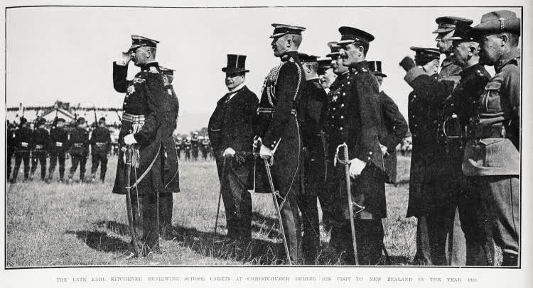 The late Earl Kitchener reviewing school cadets at Christchurch during his visit to New Zealand in the year 1910, 1916