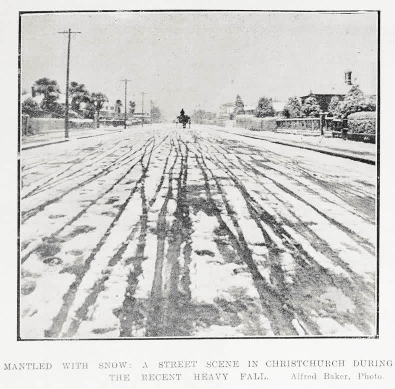 Mantled with snow: a street scene in Christchurch during the recent heavy fall, 1916