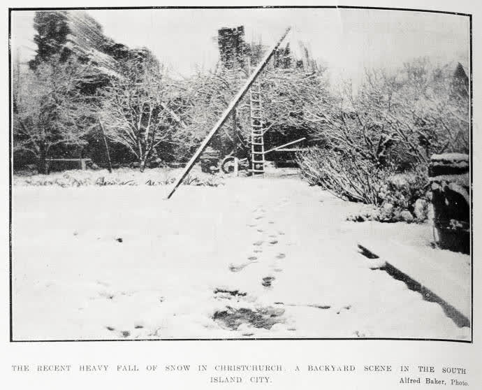 The recent heavy fall of snow in Christchurch: a backyard scene in the South Island city, 1916