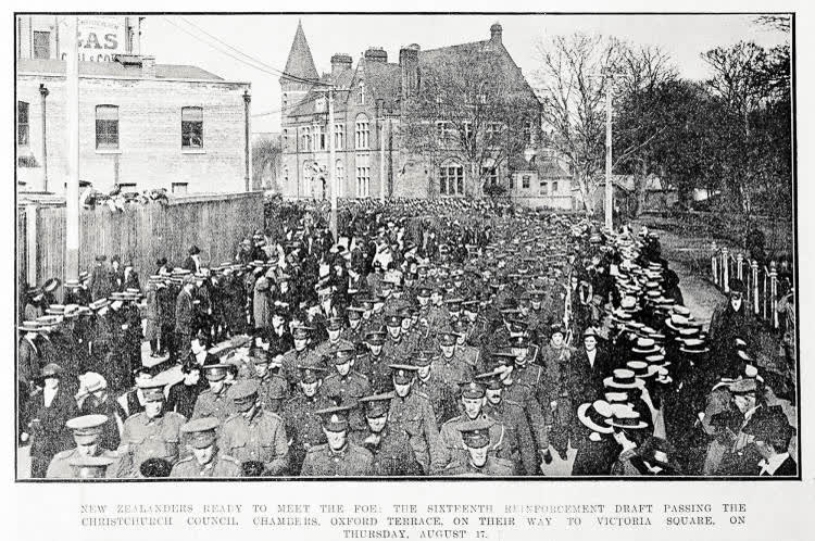 New Zealanders ready to meet the foe: the sixteenth reinforcement draft passing the Christchurch Council Chambers, Oxford Terrace, on their way to Victoria Square, on Thursday, August 17, 1916