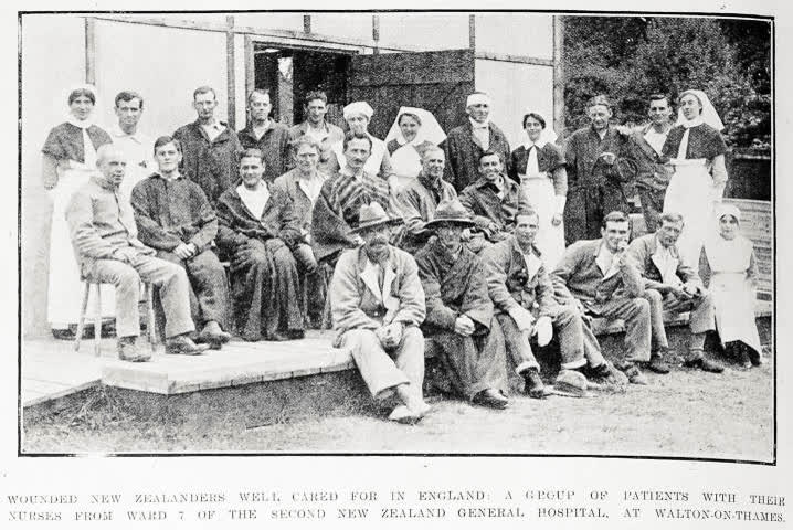 Wounded New Zealanders well cared for in England: a group of patients with their nurses from ward 7 of the Second New Zealand General Hospital at Walton-on-Thames, 1916