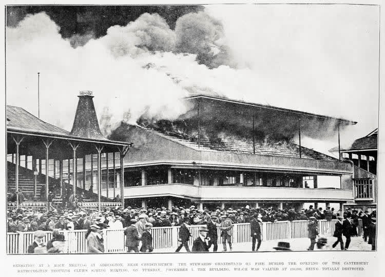 The stewards' grandstand on fire during the opening of the Canterbury Metropolitan Trotting Club's spring meeting, on Tuesday, November 7, 1916