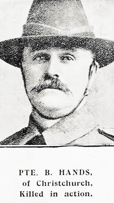 Pte B Hands of Christchurch, killed in action, 1917
