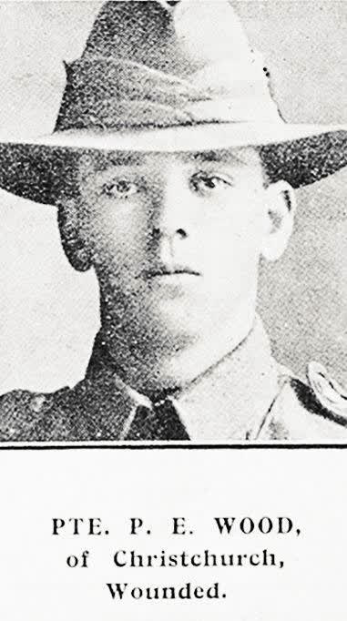 Pte P E Wood of Christchurch, wounded, 1917