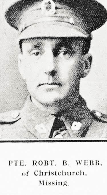 Pte Robt B Webb of Christchurch, missing, 1917