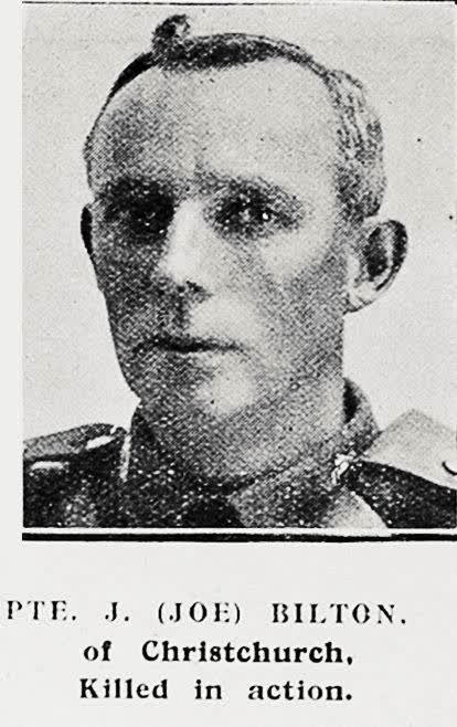 Pte J (Joe) Bilton, of Christchurch, killed in action, 1917