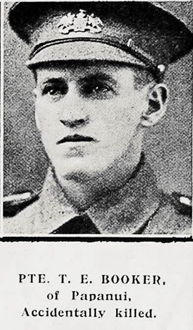 Pte T E Booker of Papanui, accidentally killed, 1917