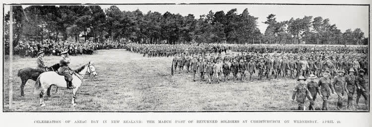 Celebration of Anzac Day in New Zealand: the march past of returned soldiers at Christchurch on Wednesday, April 25, 1917