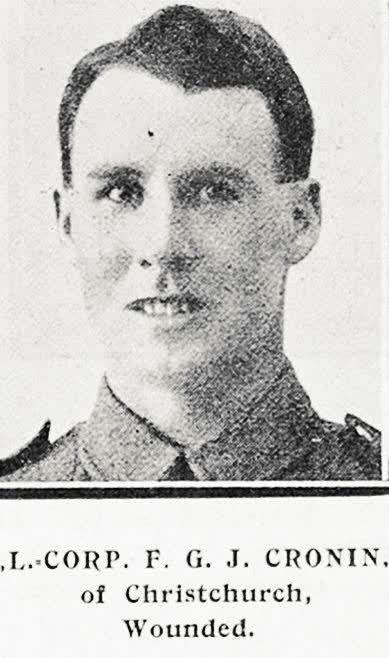 L Corp F G J Cronin of Christchurch, wounded, 1917
