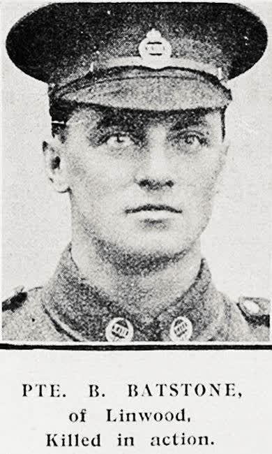 Pte B Batstone of Linwood, killed in action, 1917