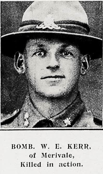 Bomb W E Kerr of Merivale, killed in action, 1917