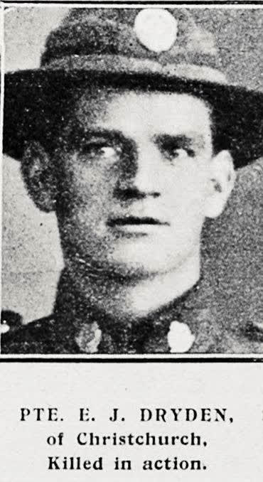 Pte E J Dryden of Christchurch, killed in action, 1917