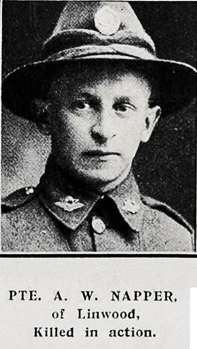 Pte A W Napper of Linwood, killed in action, 1917