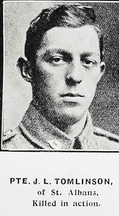 Pte J L Tomlinson of St Albans, killed in action, 1917