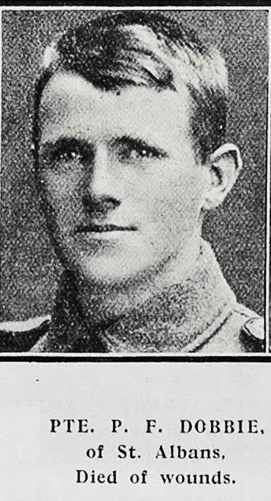 Pte P F Dobbie of St Albans, died of wounds, 1917