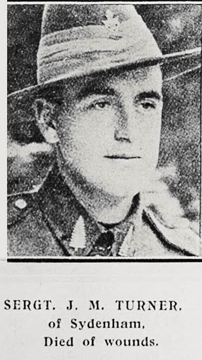 Sergt J M Turner of Sydenham, died of wounds, 1917