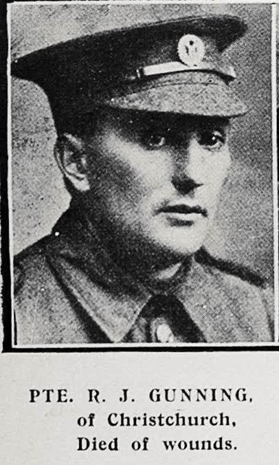 Pte R J Gunning of Christchurch, died of wounds, 1917