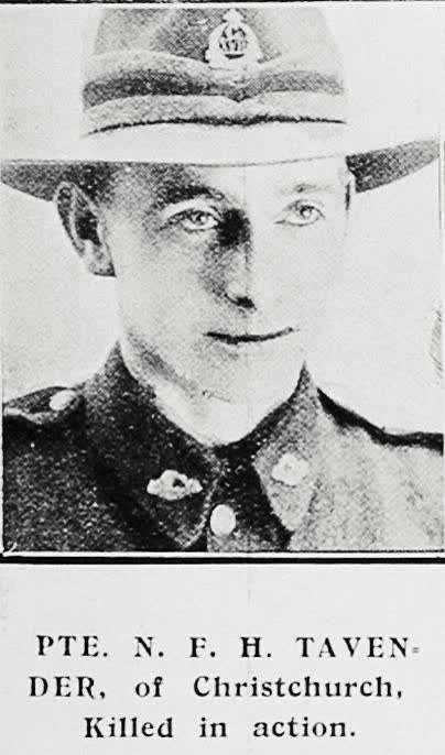 Pte N F H Tavender of Christchurch, killed in action, 1917