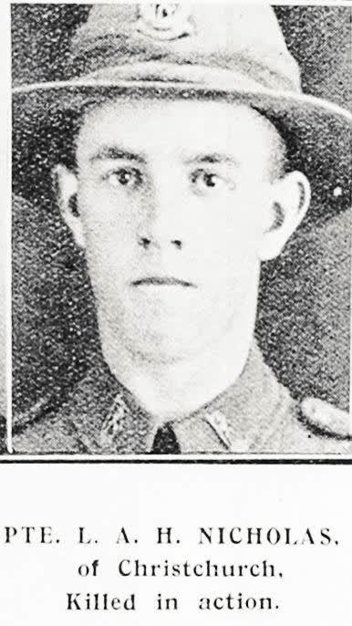 Pte L A H Nicholas of Christchurch, killed in action, 1917