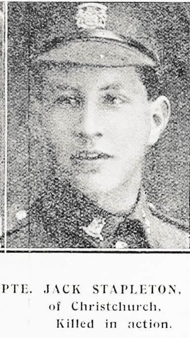 Pte Jack Stapleton of Christchurch, killed in action, 1917