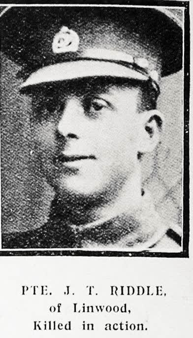 Pte J T Riddle of Linwood, killed in action, 1917