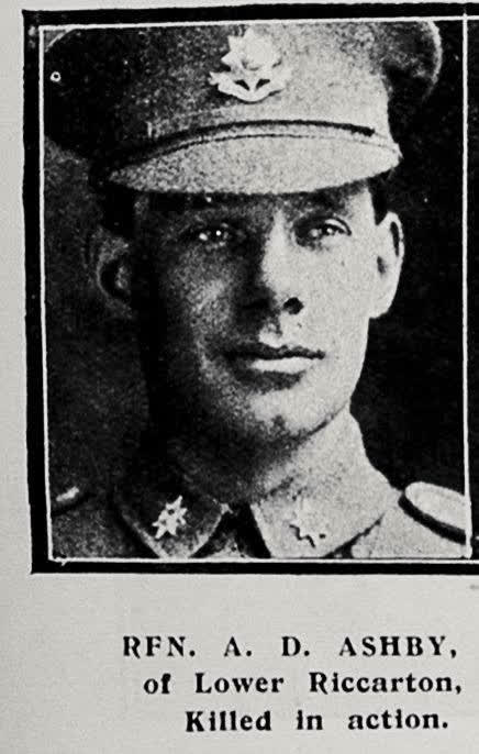 Rfn A D Ashby of Lower Riccarton, killed in action, 1917