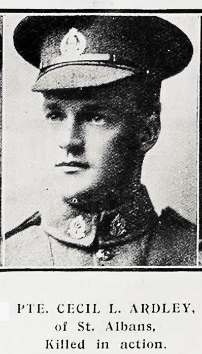 Pte Cecil L Ardley of St Albans, killed in action, 1917
