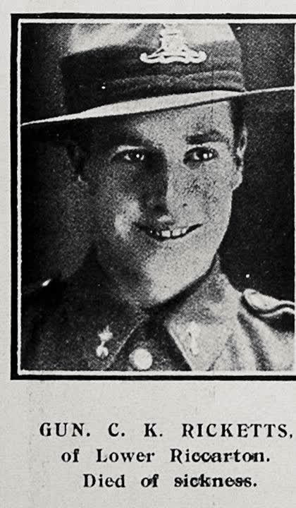 Gun C K Ricketts of Lower Riccarton, died of sickness, 1917