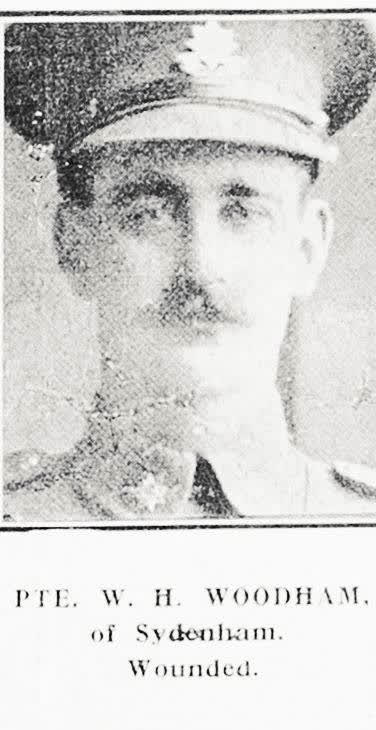 Pte W H Woodham of Sydenham, wounded, 1917