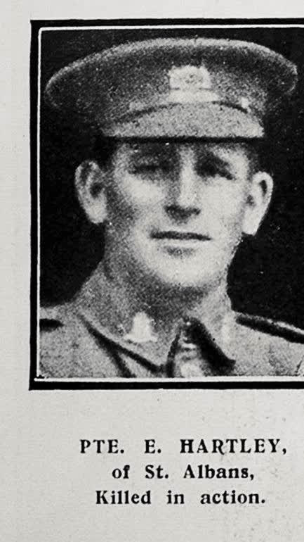Pte E Hartley of St Albans, killed in action, 1917