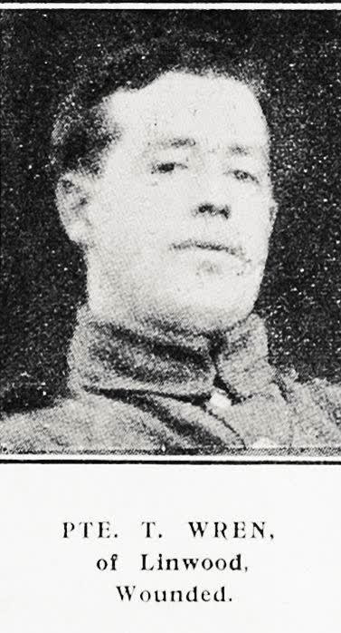 Pte T Wren of Linwood, wounded, 1917
