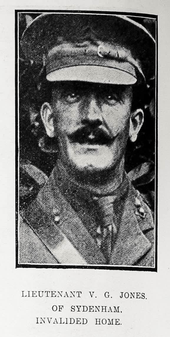 Lieutenant V G Jones of Sydenham, invalided home, 1917