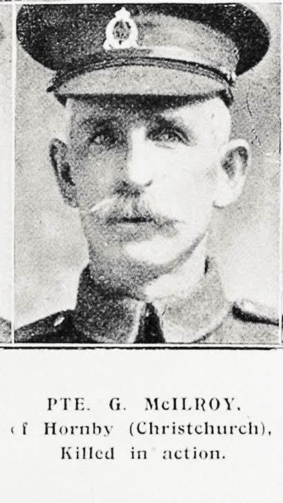 Pte G McIlroy of Hornby (Christchurch), killed in action, 1917