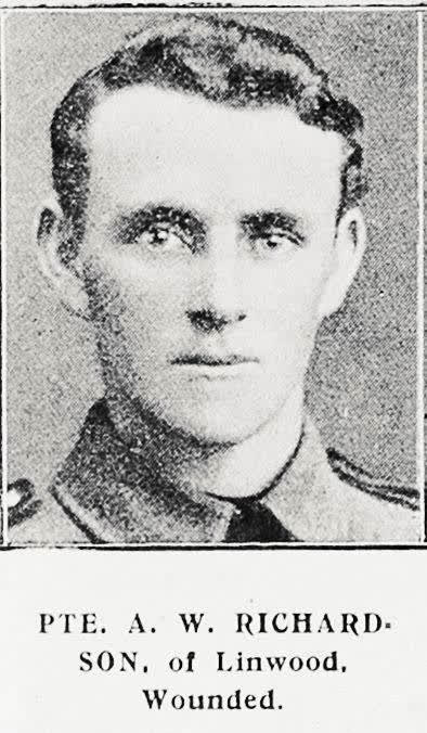 Pte A W Richardson of Linwood, wounded, 1917
