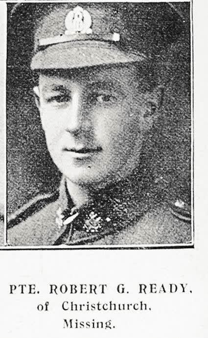 Pte Robert G Ready of Christchurch, missing, 1917