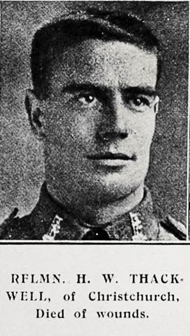 Rifleman H. W. THACKWELL, of Christchurch, Died of wounds, 1917