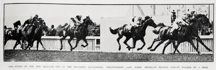 The finish of the New Zealand Cup at the Riccarton Racecourse, Christchurch, last week. Menelaus beating Johnny walker by a neck, 1917