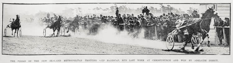 The Finish of the New Zealand Metropolitan Trotting Cup Handicap, run last week at Christchurch and won by Adelaide Direct, 1917