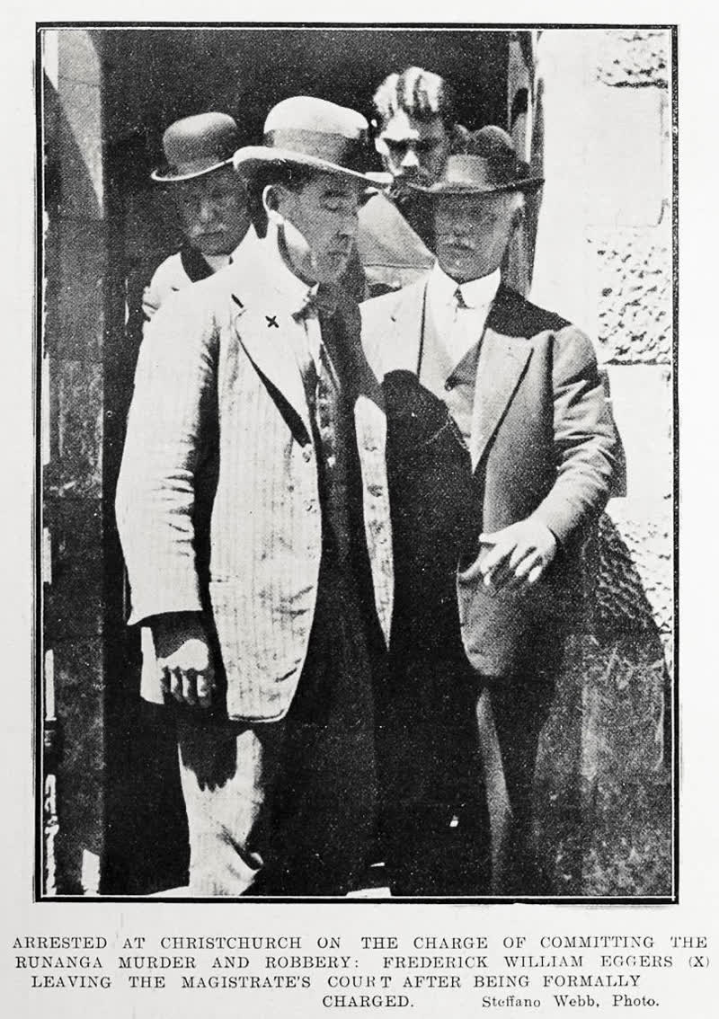 Arrested at Christchurch on the charge of committing the Runanga murder and robbery: Frederick William Eggers (x) leaving the magistrate's court after being formally charged, 1917