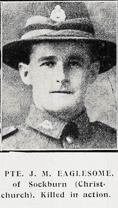 Pte J M Eaglesome of Sockburn (Christchurch), killed in action, 1917