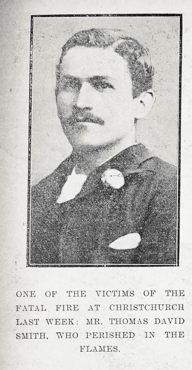 One of the victims of the fatal fire at Christchurch last week: Mr Thomas David Smith, who perished in the flames, 1917
