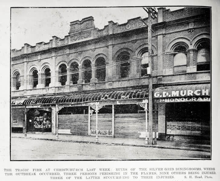 The tragic fire at Christchurch last week: ruins of the Silver Grid dining rooms where the outbreak occurred, three persons perishing in the flames, nine others being injured, three of the latter succumbing to their injuries, 1917