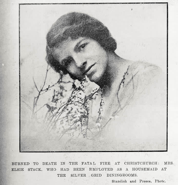 Burned to death in the fatal fire at Christchurch: Mrs Elsie Stack, who had been employed as a housemaid at the Silver Grid dining rooms, 1917