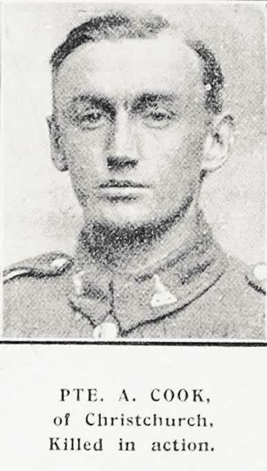 Pte A Cook of Christchurch, killed in action, 1917