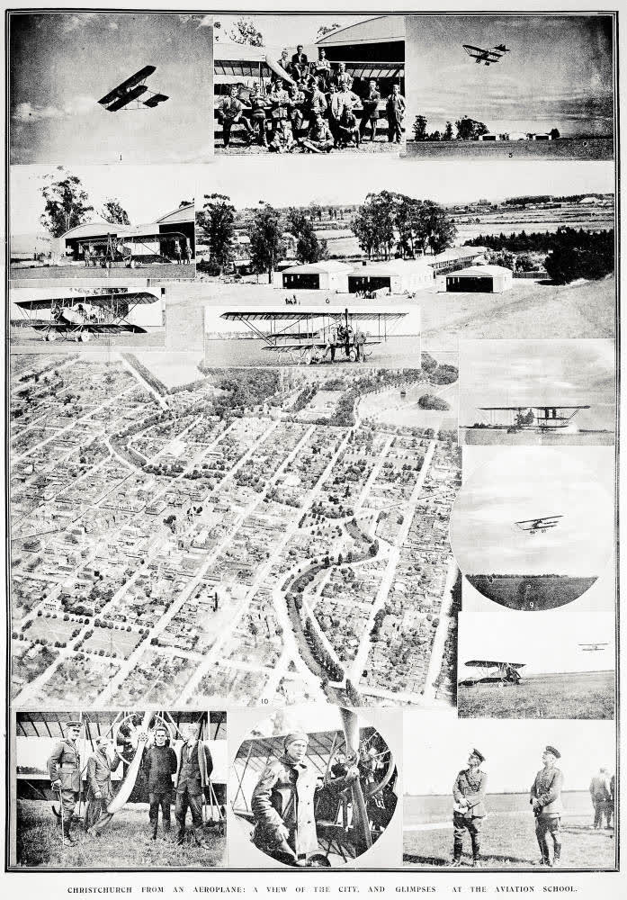 Christchurch from an aeroplane: a view of the city, and glimpses at the aviation school, 1918