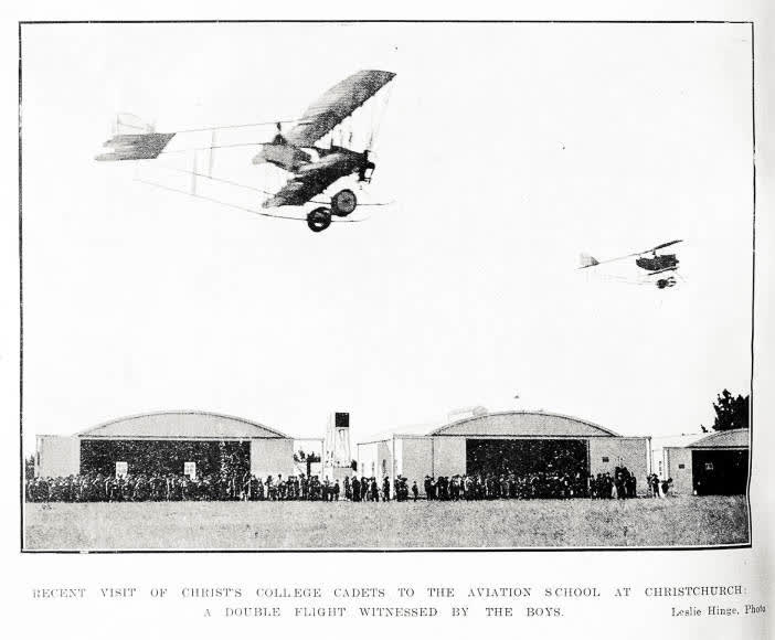 Recent visit of Christ's College cadets to the aviation school at Christchurch: a double flight witnessed by the boys, 1918